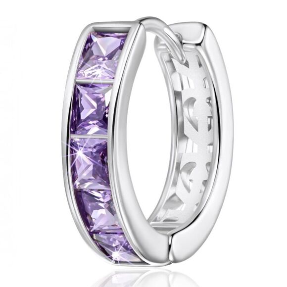 14K White Gold with Purple Amethyst Cubic Zirconia Princess Cut Huggie Earrings - Picture 2 of 5